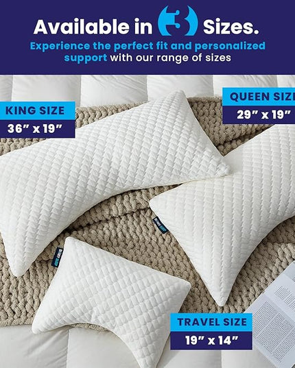Sidney Sleep Bed Pillow for Side and Back Sleepers - Adjustable Filling - Memory Foam Pillow for Neck and Shoulder Pain - Customizable Loft - King Size - Additional Foam Bag Included (White)