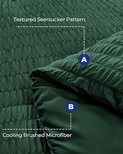 HYMOKEGE Emerald Green Queen Comforter Set Seersucker 7 Pieces, All Season Luxury Bed in a Bag Queen for Bedroom, Bedding Set with Comforter, Sheets, Pillowcases & Shams