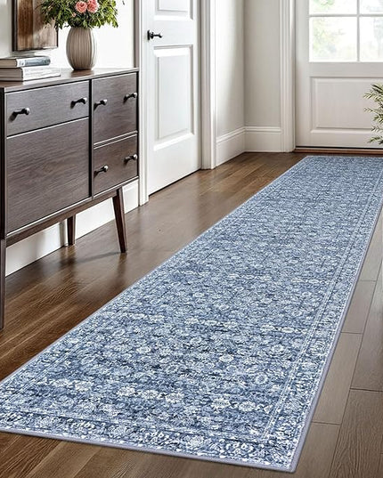 2x10 Runner Washable Rug for Kitchen, Blue Soft Classic Runner with Non-Slip, Non-Shedding Distressed Floral Rug for Hallways Entryway Bedroom Bathroom Laundry Indoor
