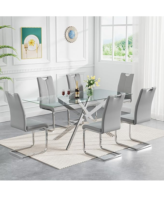 HomVent 7 Piece Rectangular Glass Dining Table Set, Rectangular Glass Kitchen Table Set for 6 with 6 PU Upholstered Dining Chairs for Kitchen Dining Room