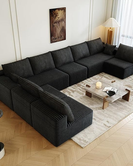 139.4" Modular Sectional Sofa Couch, Oversized U-Shaped Minimalist Couches with 4 Middle Seats Chaise, Modern Deep Seat Cloud Plush Corduroy Sofas Set for Living Room, 8 Seater, Black