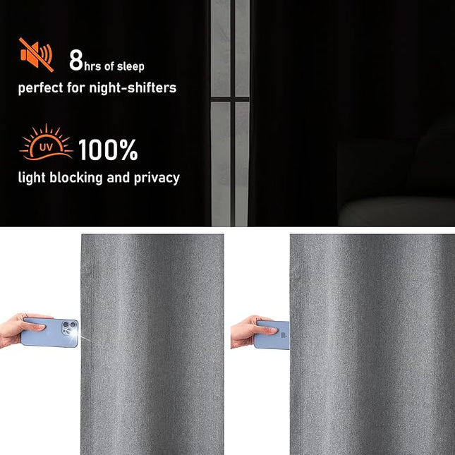 Total Blackout Grey Linen Textured Curtains for Bedroom, Thermal Insulated Entryway Cottage Short Drapes 64 Inch, Farmhouse Grommet Top Curtains for Small Window, Grey, W37 x L64, 2 Panels