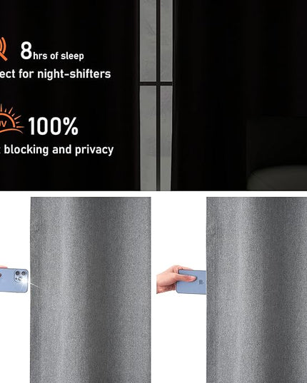 100% Blackout Linen Grey Curtains 102 Inch Length for Bedroom Living Room Thermal Insulated Energy Efficient Gray Grommet Drapes, Grey, W52 x L102, 2 Panels