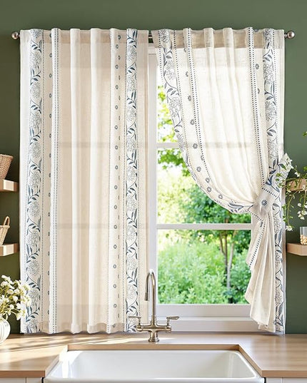 jinchan Winslow Linen Curtains 54 Inch Length Small Window Curtains Embroidered Bordered Floral Drapes Light Filtering for Bathroom Laundry Room Kitchen Farmhouse Decor Blue on Beige 2 Panels