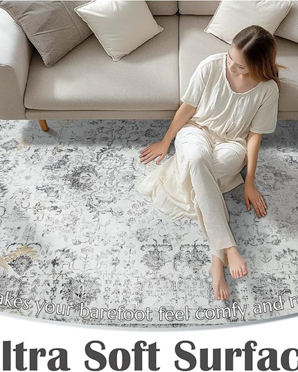 jinchan Kalen Area Rug 5x7 Washable Living Room Rug Soft Vintage Indoor Thin Retro Distressed Floor Cover Grey Floral Country Boho Rug Non Slip Carpet for Bedroom Office Dining Room