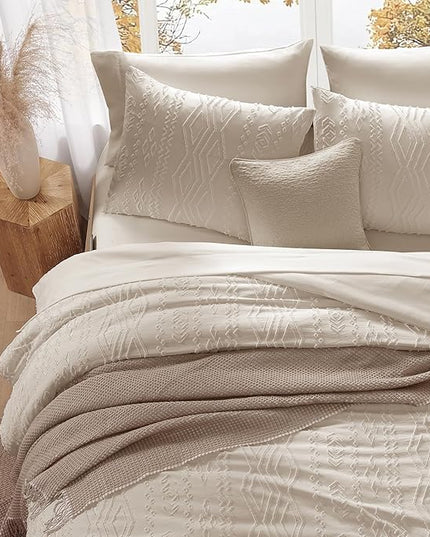 Queen Comforter Set Beige, Tufted Boho Bedding Farmhouse Bed Set, All Season 7 Pieces Bed in a Bag with Sheets, Pillowcases & Shams