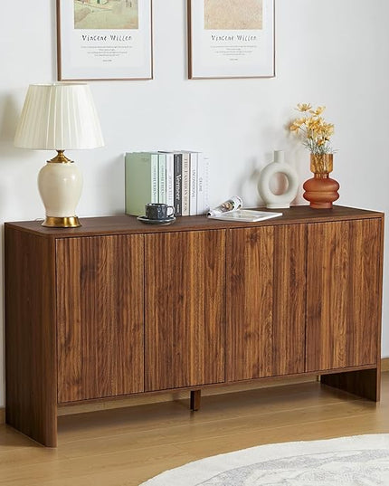 Sideboard Buffets Cabinet, Modern Accent Storage Cabinet with 4 Fluted Doors and Adjustable Shelves, Wood Credenza Buffet Sideboards, Console Table for Kitchen Dining Living Room Entryway (Walnut)