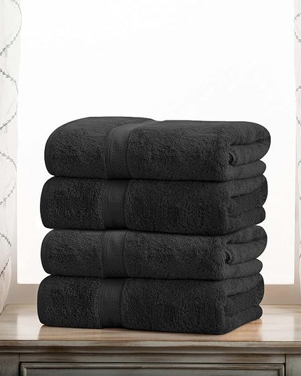 Superior Egyptian Cotton Pile Bath Towel Set of 4, Ultra Soft Luxury Towels, Thick Plush Essentials, Absorbent Heavyweight, Guest Bath, Hotel, Spa, Home Bathroom, Shower Basics, Black