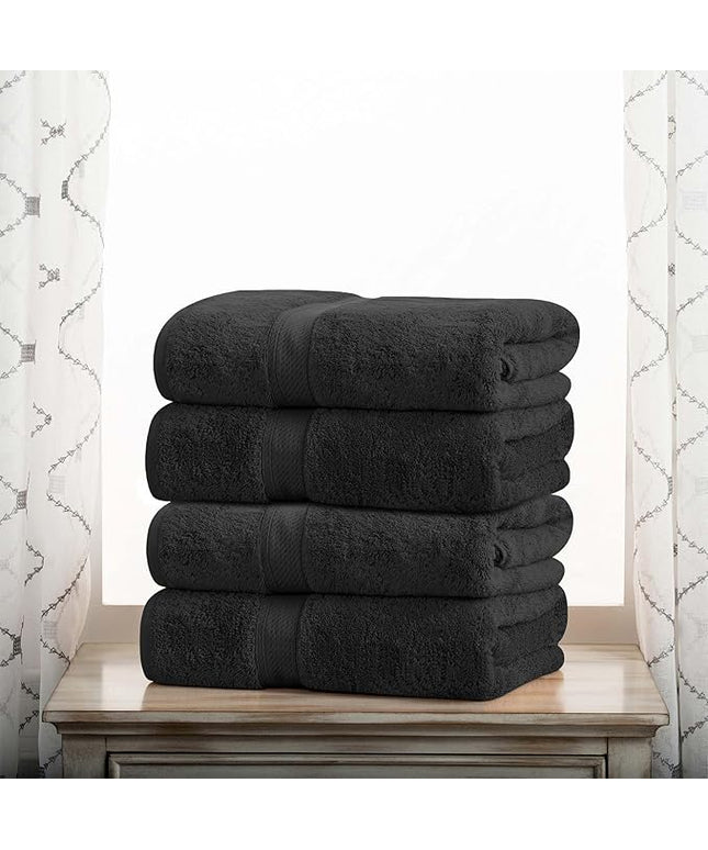 Superior Egyptian Cotton Pile Bath Towel Set of 4, Ultra Soft Luxury Towels, Thick Plush Essentials, Absorbent Heavyweight, Guest Bath, Hotel, Spa, Home Bathroom, Shower Basics, Black