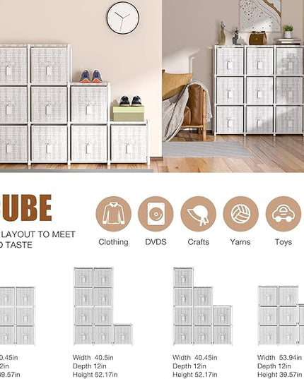 9 Cube Storage Organizer with Printed Drawers, Toy Cubby Storage for Closet, Living Room, Dorm - White