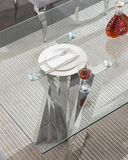 70" Glass Dining Table for 6, Modern Tempered Glass Kitchen Table, Rectangular Dining Room Table with Silver Stainless Steel Base Dinner Tables for Kitchen Home Office