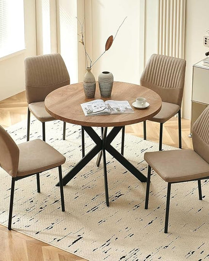 37" Round Dining Table Set for 4, Mid Century Modern Small Coffee Set for Dining Room Kitchen Apartment (Walnut Table + 4 PU Leather Beige Chairs)