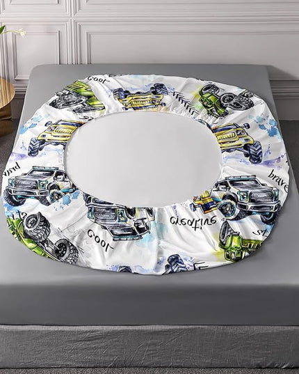 AILONEN Monster Trucks White Fitted Sheet Set Twin Size, Tie Dye Truck Car Printed Bedding Set for Kids,Boys,Monster Jam Bedsheets Set,3-Piece, 1 Fitted Sheet and 2 Pillowcases