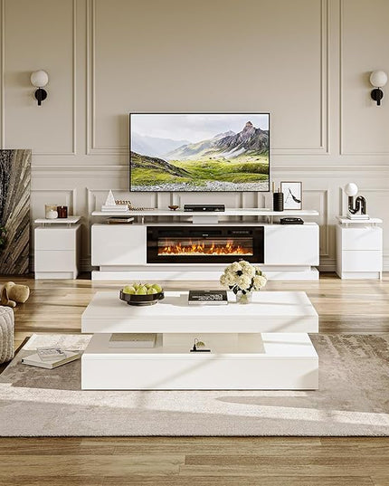 4-Piece Modern Living Room Table Set, Includes High Gloss 70" Fireplace TV Stand, LED Coffee Table and End Tables Set of 2 with Storage Drawers, White & Black