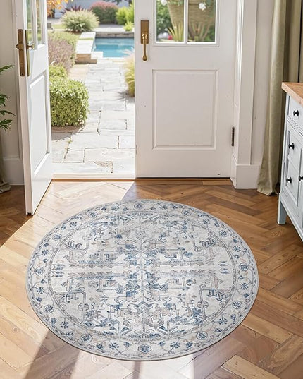 jinchan Lima Round Rug 4ft Vintage Machine Washable Area Rug Indoor Circle 4' Ultra-Thin Non-Slip Floral Print Carpet for Farmhouse Entryway Dining Room Living Room Bedroom Office (4'Round, Blue)