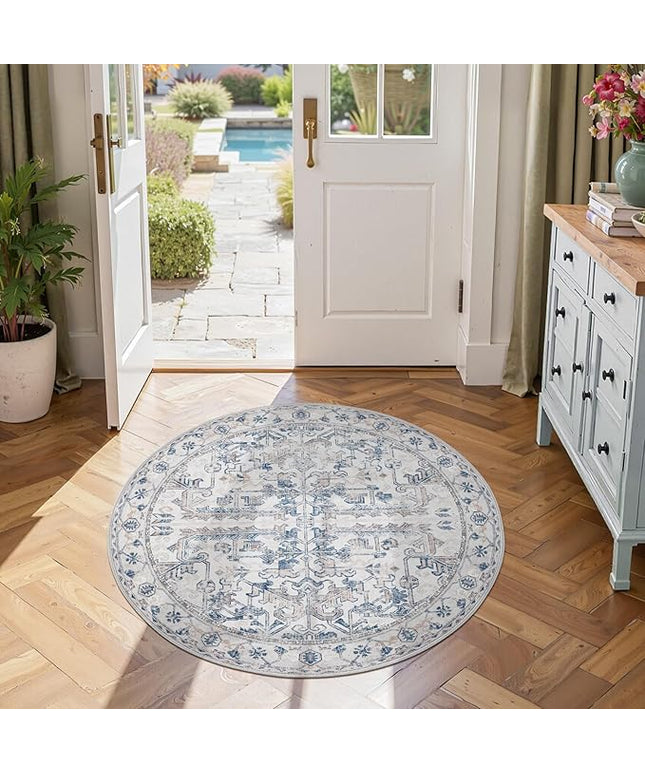 jinchan Lima Round Rug 4ft Vintage Machine Washable Area Rug Indoor Circle 4' Ultra-Thin Non-Slip Floral Print Carpet for Farmhouse Entryway Dining Room Living Room Bedroom Office (4'Round, Blue)