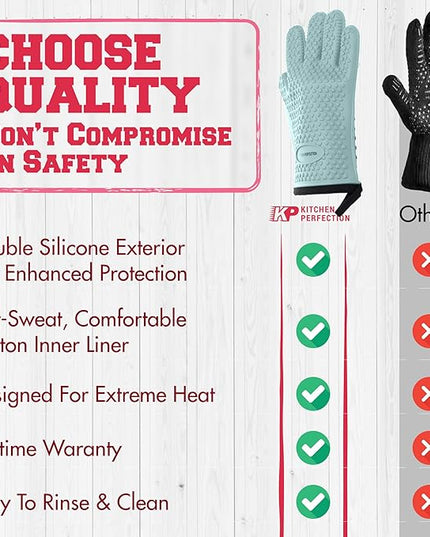 KITCHEN PERFECTION XL Silicone Smoker Oven Gloves for Women -Extreme Heat Resistant BBQ Gloves -Handle Hot Food Right on Your Grill Fryer&Pit|Waterproof Grilling Cooking Mitts|Superior Set+3 Bonuses