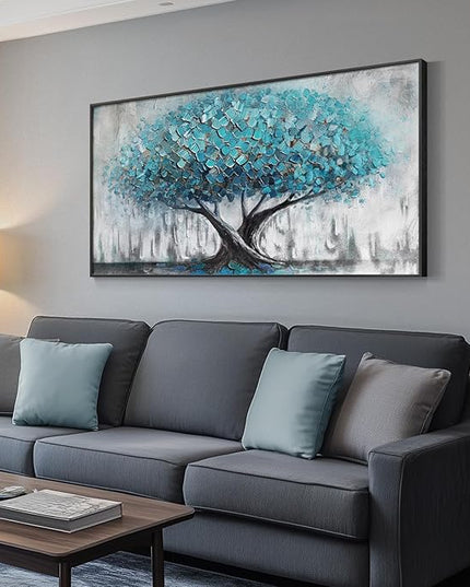Large Framed Tree of Life Wall Art, Modern Canvas Prints Paintings Artwork for Walls, Rustic Blue Big Tree Pictures for Living Room Fireplace Bedroom Dining Room Office Wall Decor 30x60 Inch