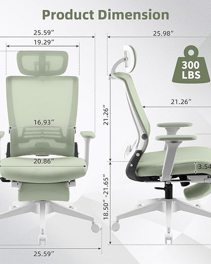 Foldable Office Chair with Foot Rest, Ergonomic Office Chair with Adjustable Lumbar Support, Headrest, Armrest, Home Office Desk Chair for Space Saving, Work from Home, Green