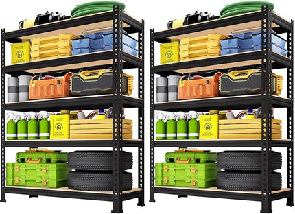 5-Tier Metal Storage Shelves: Heavy Duty Garage Shelving Adjustable Shelves for Storage - Black Utility Rack Shelf for Pantry, Warehouse, Office, Kitchen, 28" W x 12" D x 59" H, 2PCS
