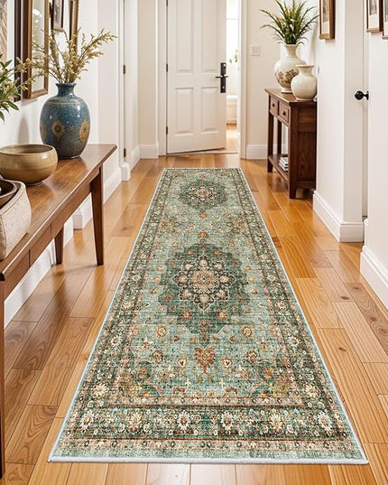 Washable Oriental Hallway Runner Rug - 3x8 Rugs for Living Room Soft Carpet for Bedroom Kitchen Waterproof Floral Distressed Indoor Stain Resistant Non-Shedding Floor Carpets (Green, 3X8)