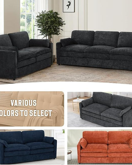 69" Chenille 2 Seats Sofa with 2 Pillows, Modern Upholstered Sofa with Deeper Seats, Comfy Sofa with Thickened Cushions for Living Room, Apartment, Black