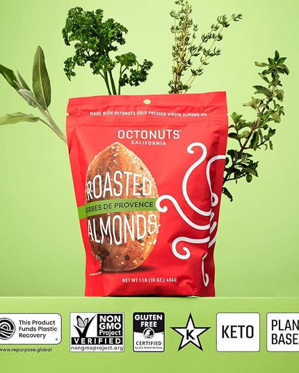 Octonuts Dry Roasted Herbes de Provence Almonds – 16oz Resealable Bag - Healthy Snack for Adults and Kids - Plant Protein with Fiber, Calcium & Iron - Low Carb, Low Calorie - Non-GMO, Gluten Free Snacks