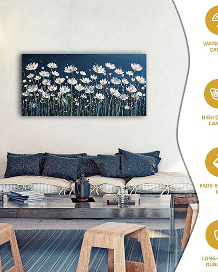 HUADAOART White Daisy Floral Canvas Wall Art Navy Blue Background Living Room Bedroom Decor Size: 24" x 48" Ready to Hang