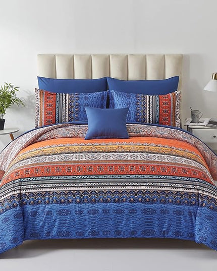Cottolester Boho Comforter Set Queen Size 8 Piece Bed in a Bag Burnt Orange Paisley Fall Comforter and Sheet Set Bohemian Striped Bedding Set,Soft Microfiber Complete Bedding Set