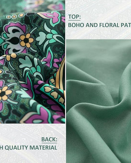 Boho Green Comforter Set Full Size,8 Piece Bed in a Bag Bohemian Striped Bedding Quilt Set,Dark Green Paisley Floral Comforter and Sheet Set,Soft Microfiber Complete Bedding Sets for All Season