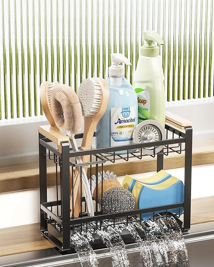 Sink Caddy Organizer with Wooden Handle, 2-Tier Rustproof Metal Sink Organizer Non-Slip Suction Cups, Multi-Functional Storage for Sponge, Soap Dispenser, Kitchen and Bathroom Countertop Accessories