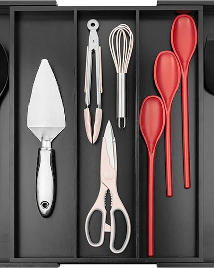 Purawood Kitchen Drawer Organizer - Expandable Utensil Organizer for Kitchen, Cutlery Tray & Silverware Organizer, 3-5 Slots - Bamboo Drawer Organizer for Utensils & Flatware (Black)