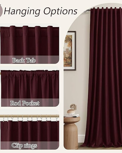 Guken Blackout Curtains 120 Inch Length 2 Panels Set for Living Room Bedroom Back Tab Thermal Insulated 100% Black Out Linen Drapes Boho Christmas Decor,Burgundy 52x120