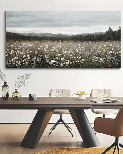HGUAOA Vintage Landscape Wall Art for Bedroom and Living Room - Large Floral Artworks Farmhouse Wall Decor - Framed Neutral Nature Pictures - Above Bed Wall Decor with Mountain Scenery 29×58IN