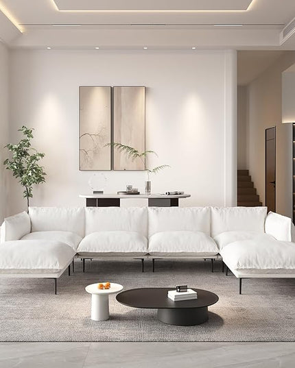WJShome 147" Modern U-Shaped Couch for Living Room,Velvet Modular Sectional Sofa with Chaise,4-Seater Sofa with 2 Ottomans with Removable Cushions and 8" High Metal Legs, Easy to Clean, Beige