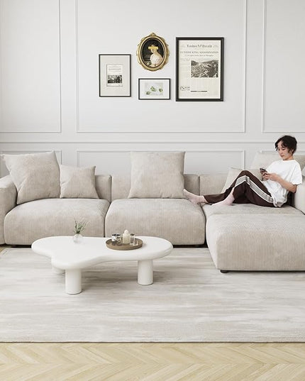 JACH Sectional Couch with 5 Pillows, Luxurious Modular Sectional Couch with Chaise Ottoman, Cushion Covers Removable, Corduroy Modern Soft Couches for Living Room, Office (Beige)