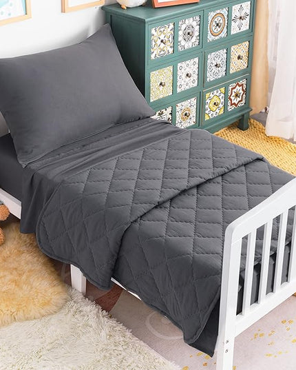 NTBAY Toddler Bedding Set - 4 Piece Soft and Breathable Crib Bedding Set for Boys and Girls, Includes Quilted Comforter, Fitted Sheet, Flat Top Sheet and Envelope Pillowcase, Dark Grey
