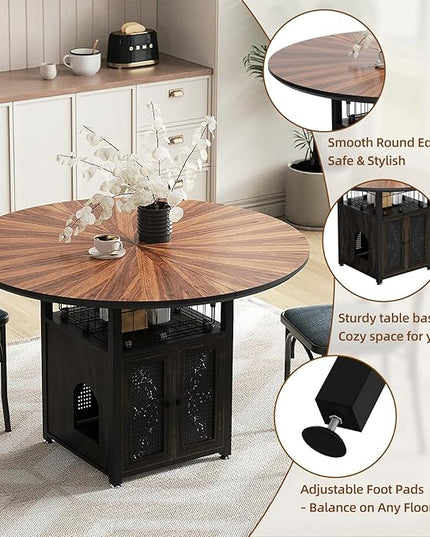 47" Round Dining Table Set for 4-6 People, Large Farmhouse Kitchen Dining Table Set with Chairs and Storage Rack, Metal Base Round Table for Home Dining Room Living Room (Cat table and 4 black chairs)