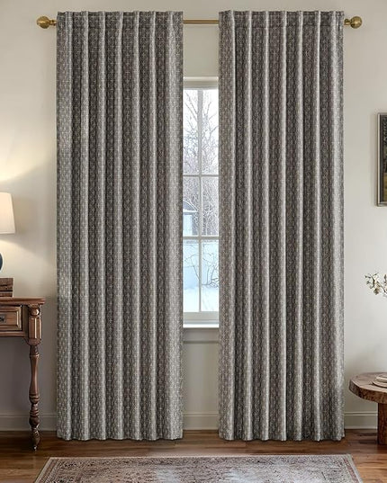 MIULEE Decorative Back Tab Linen Curtains with Geometric Pattern for Living Room Bedroom Farmhouse Rustic Thick Woven Textured Patterned Mudcloth Drapes 90 Inch Long 2 Panels Set, Dark Grey