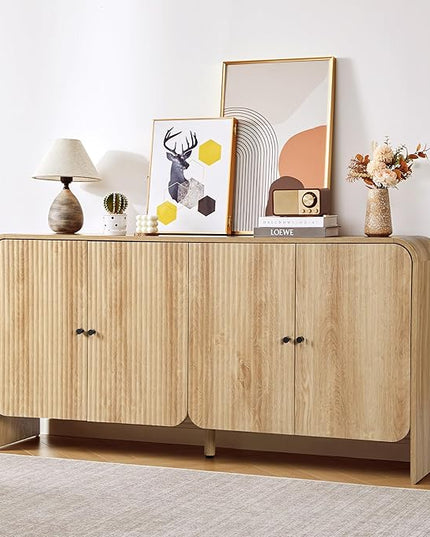 59” Large Buffets Sideboard Cabinet with Storage, Fluted Curved Credenza Buffet Table Storage Cabinet with 4 Doors, Modern Wood Accent Console Table Coffee Bar for Living Room Kitchen Hallway, Natural