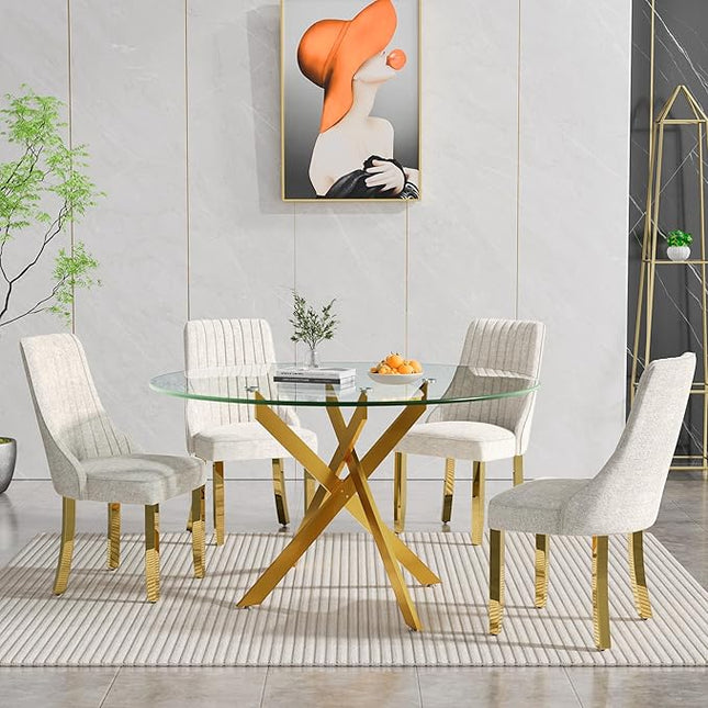 Round Glass Dining Table Set for 4, 47'' Clear Circular Kitchen Table and Chairs Set, 5PCS Modern Circle Dining Room Table Set with 4 Dining Chair for Home