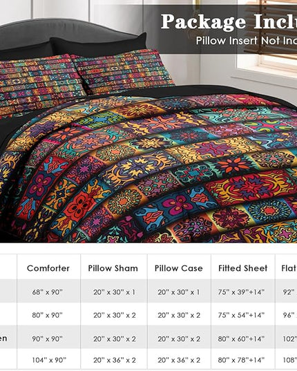 Comforter Set King Size, Colorful Vintage Floral 7 Pcs Bedding for Kids and Adults, Mandala Bohemian Flower Bed Sheet Sets with Fitted Sheet 2 Pillowcases & 2 Shams for Bedroom Bed Decor