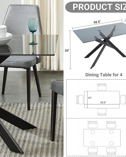 Modern Style Dining Table with Gray Tempered Glass Top and Black Metal Tubular Legs, 58.5”Lx29”Wx30”H