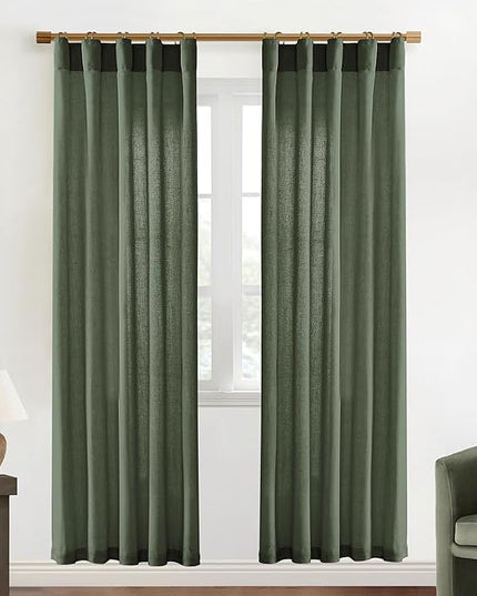 XTMYI Olive Green Boho Closet Curtains 80 Inch Length for Bedroom Closet Door,2 Panels Set Farmhouse Linen Semi Sheer Back Tab Pleated Easy Open Sliding Door Curtains,80 Inches Long