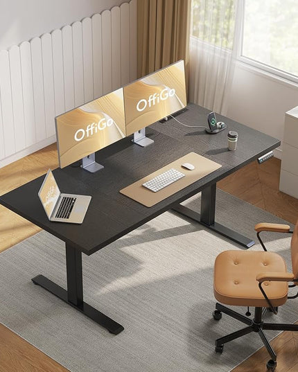 OffiGo Electric Standing Desk with 3-Piece Board, 71 Inch Height Adjustable Large Desk with Power Outlets, Sit Stand Table, Writing Computer Desk for Home, Office, Workstation, Black