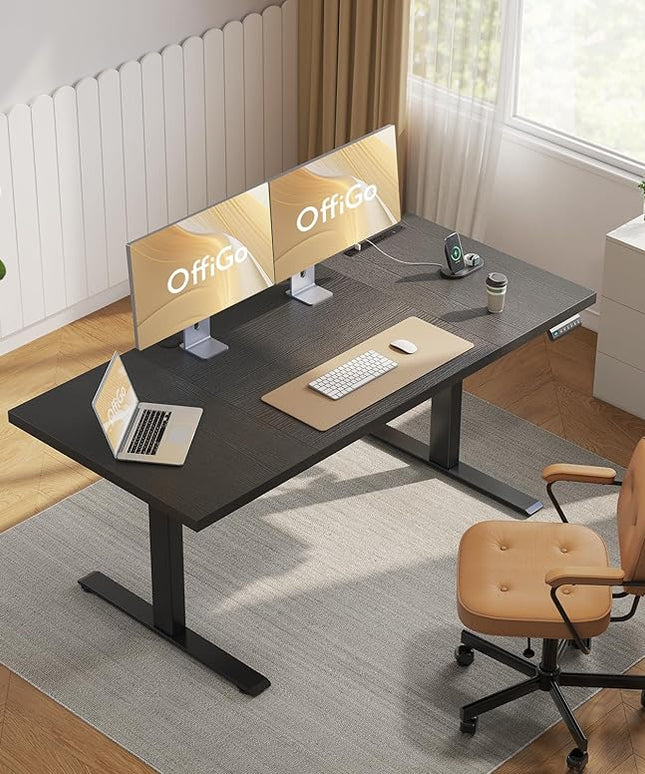 OffiGo Electric Standing Desk with 3-Piece Board, 71 Inch Height Adjustable Large Desk with Power Outlets, Sit Stand Table, Writing Computer Desk for Home, Office, Workstation, Black