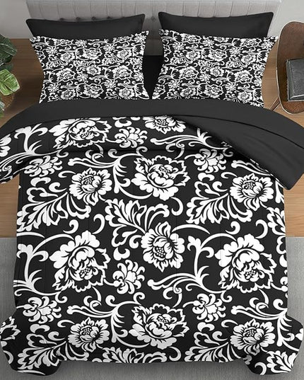 Comforter Set Queen Size, Vintage Floral Flower 7 Pcs Bedding for Kids and Adults, Black and White Bed Sheet Sets with Fitted Sheet 2 Pillowcases & 2 Shams for Bedroom Bed Decor