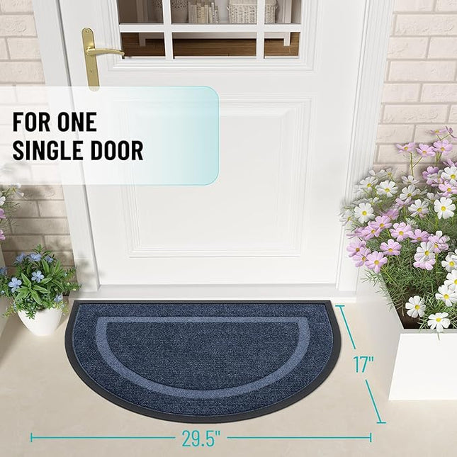 OLANLY Half Circle Door Mat Indoor Outdoor Entrance Welcome, Waterproof All-Season, All-Weather Doormat, Sturdy Natural Rubber, Low Profile, Easy Clean Patio Porch Entryway Mat, 29.5x17, Blue