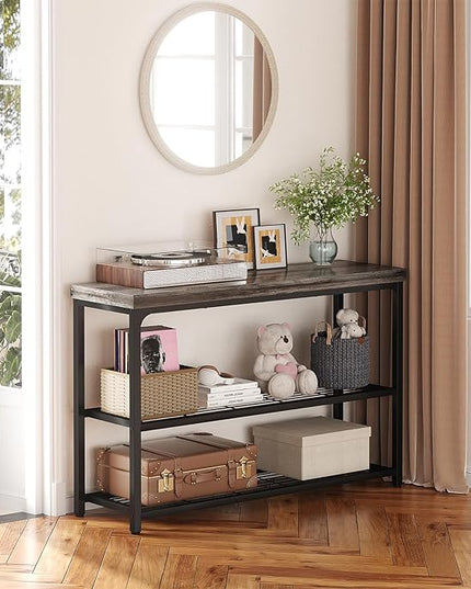 47" Console Table with Storage, 3-Tier Narrow Entryway Table, Sofa Table with Mesh Shelves, Console Tables for Living Room, Bedroom, Hallway, Entryway, Foyer, Oak Grey