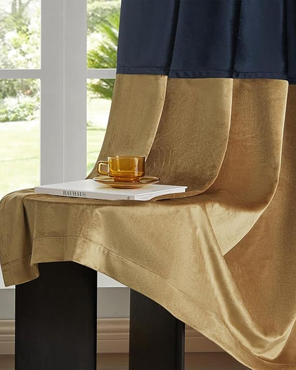 BULBUL Color Block Window Curtains Panels 102 inches Long Navy Blue Gold Velvet Farmhouse Drapes for Bedroom Living Room Darkening Treatment with Grommet Set of 2